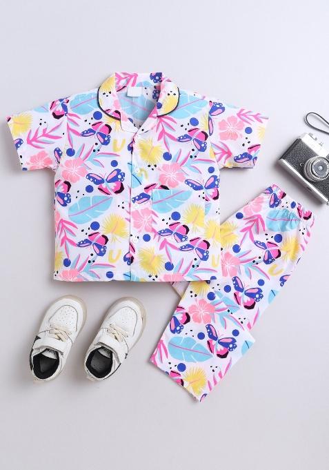 White Printed Cotton Shirt Pant Set For Boys