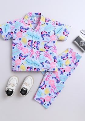 White Printed Cotton Shirt Pant Set For Boys