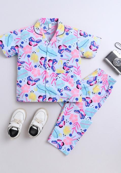 White Printed Cotton Shirt Pant Set For Boys