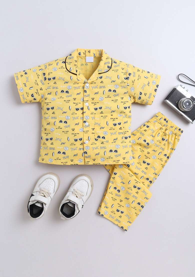Yellow Printed Cotton Shirt Pant Set For Boys - Indya