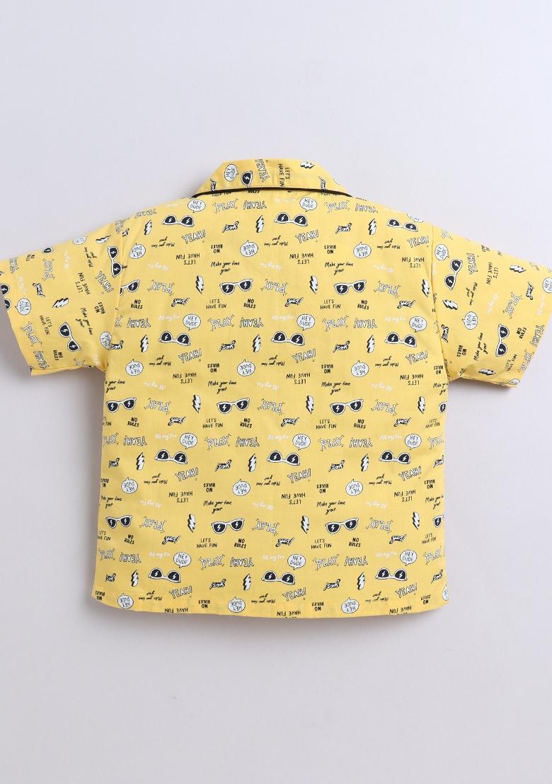 Yellow Printed Cotton Shirt Pant Set For Boys - Indya
