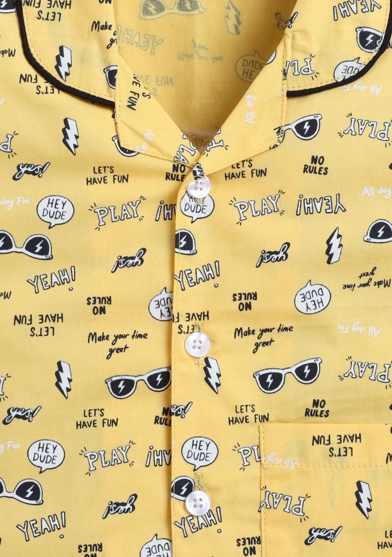 Yellow Printed Cotton Shirt Pant Set For Boys - Indya