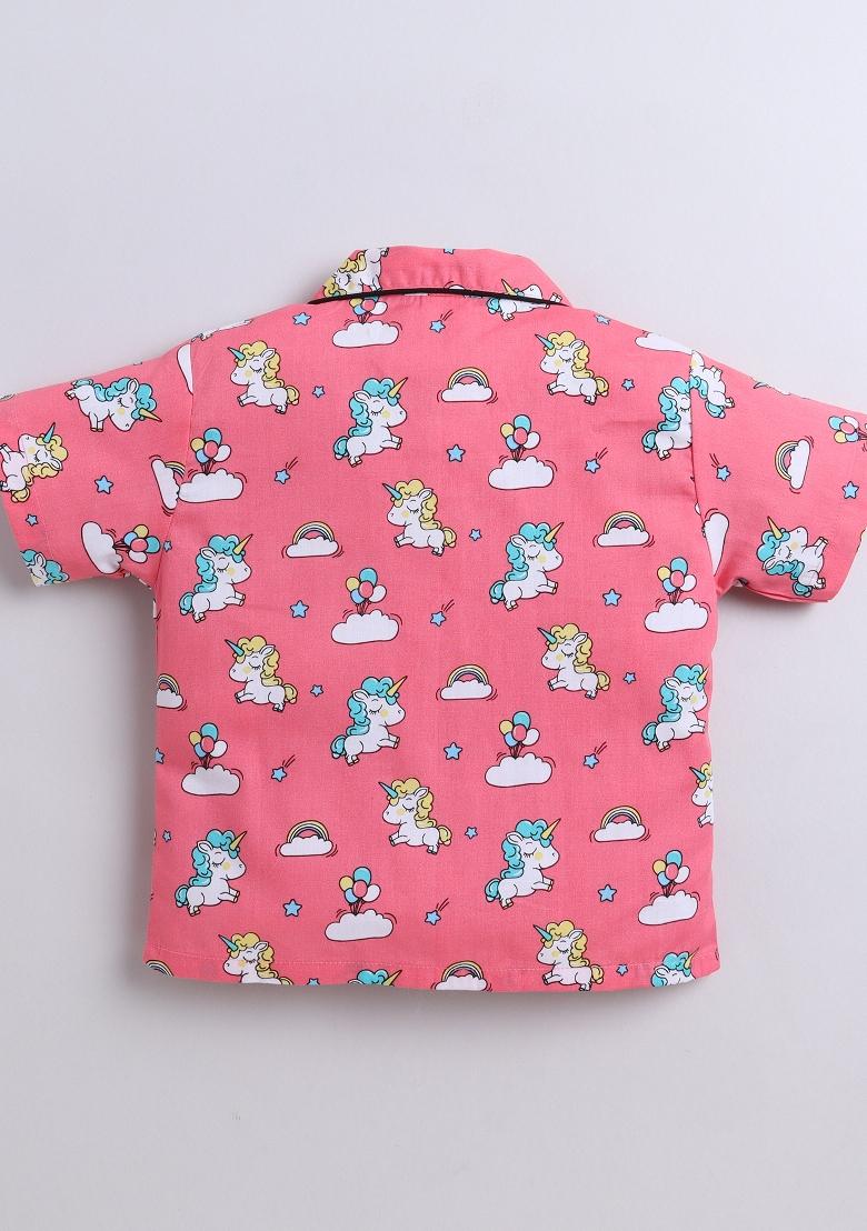 Pink Printed Cotton Shirt Pant Set For Boys - Indya