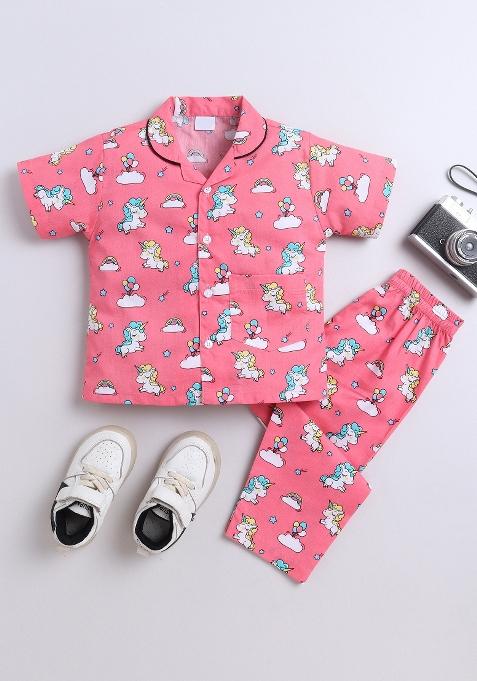 Pink Printed Cotton Shirt Pant Set For Boys