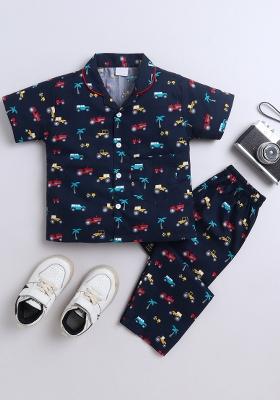 Navy Blue Printed Rayon Shirt Pant Set For Boys