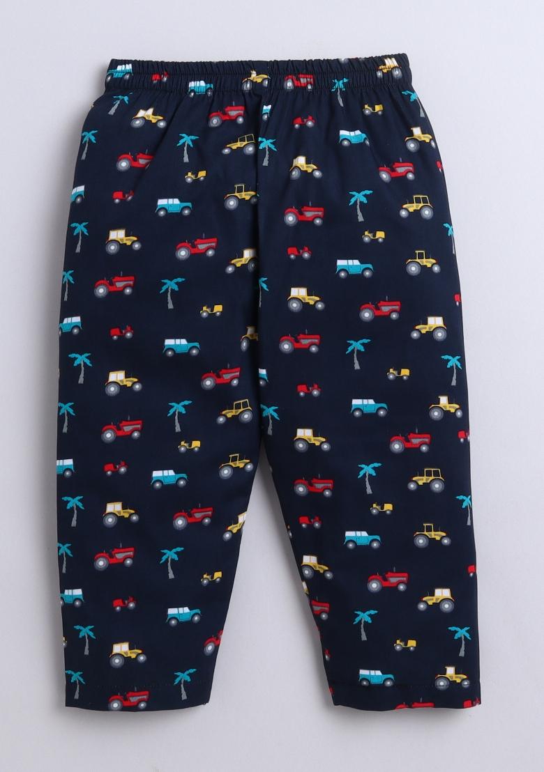 Navy Blue Printed Rayon Shirt Pant Set For Boys - Indya