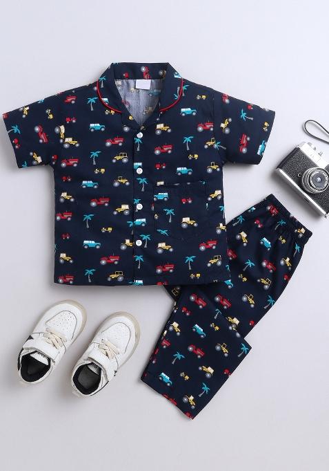 Navy Blue Printed Rayon Shirt Pant Set For Boys