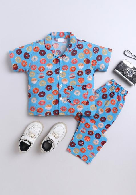 Blue Printed Cotton Shirt Pant Set For Boys
