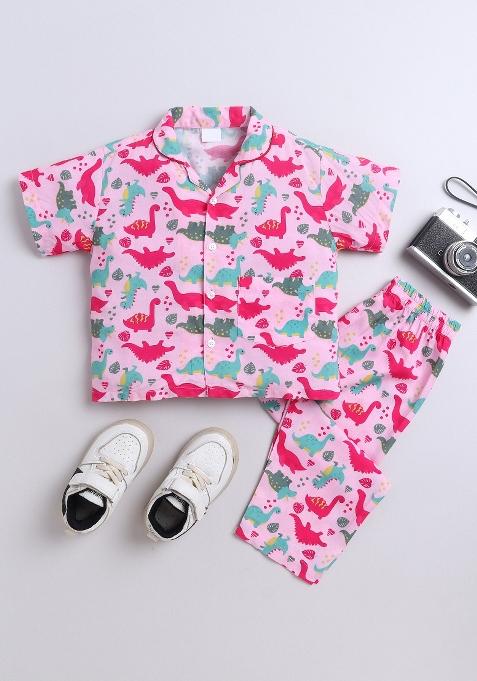 Pink Printed Cotton Shirt Pant Set For Boys