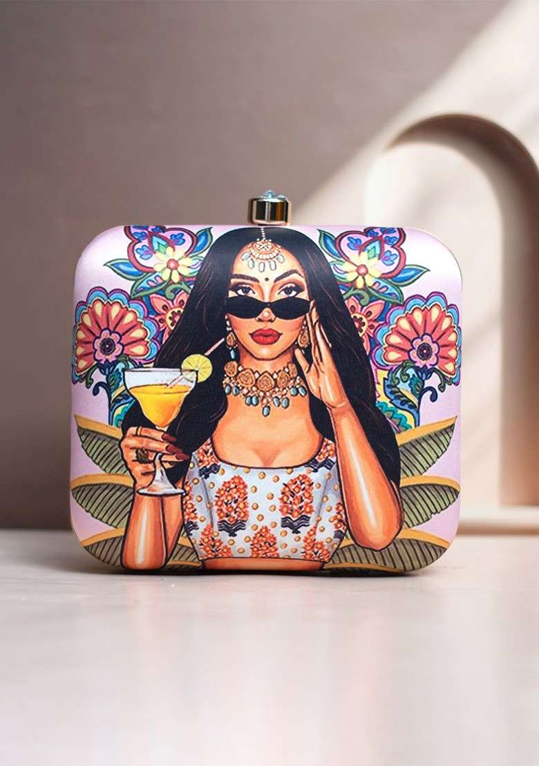Pink Fabric Printed Box Clutches - Indya