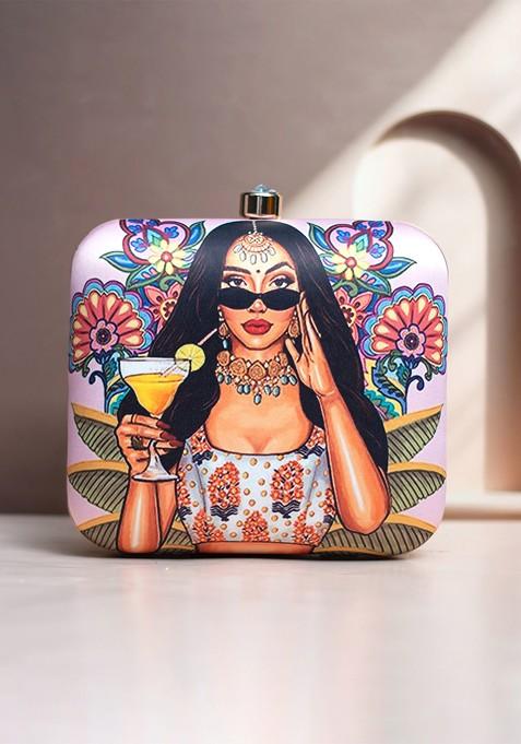 Pink Fabric Printed Box Clutches