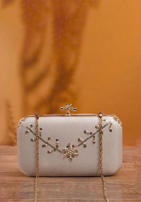 Off White Satin Embroidered Sequins Box Clutch