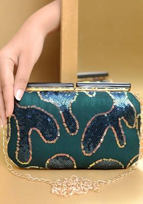 Green Satin Embellished Box Clutch With Shoulder Strap