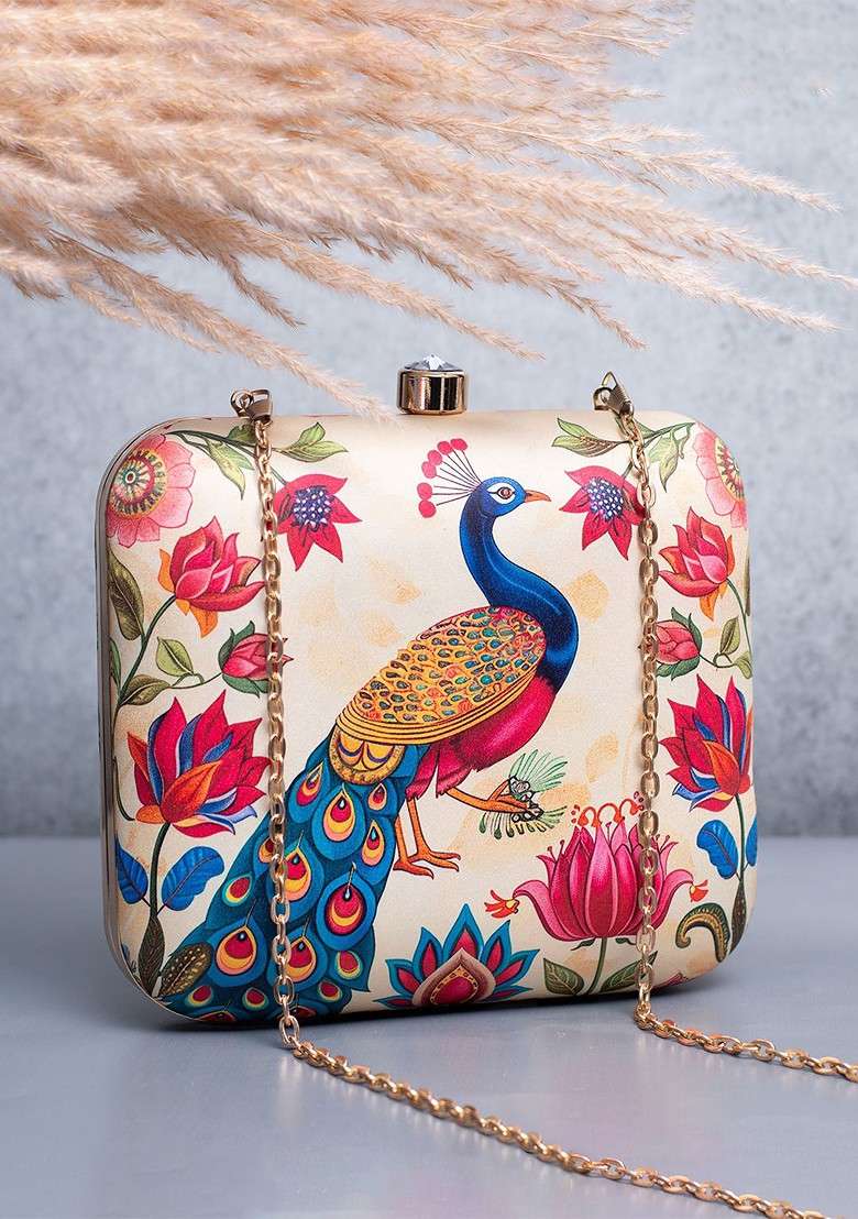 Beige Fabric Printed Box Clutch - Indya