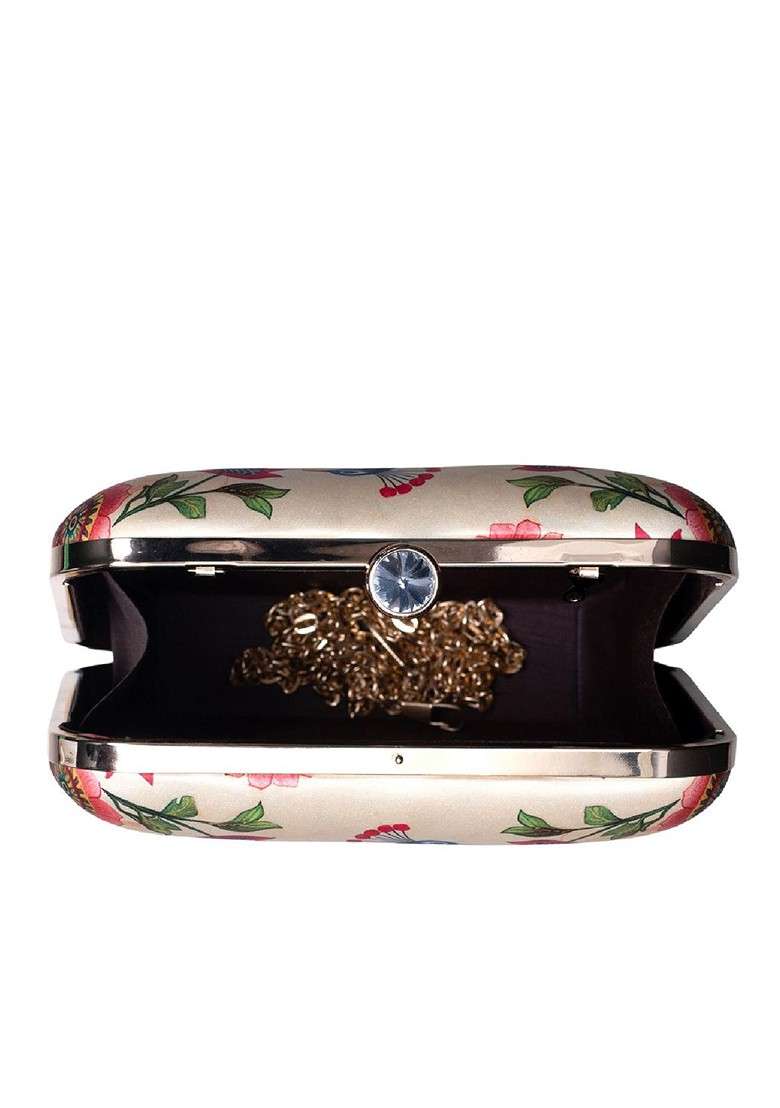 Beige Fabric Printed Box Clutch - Indya