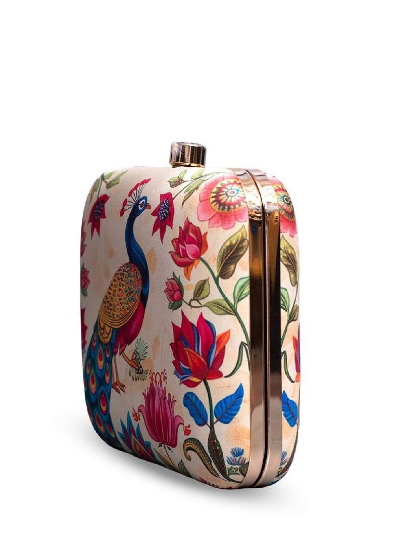 Beige Fabric Printed Box Clutch - Indya