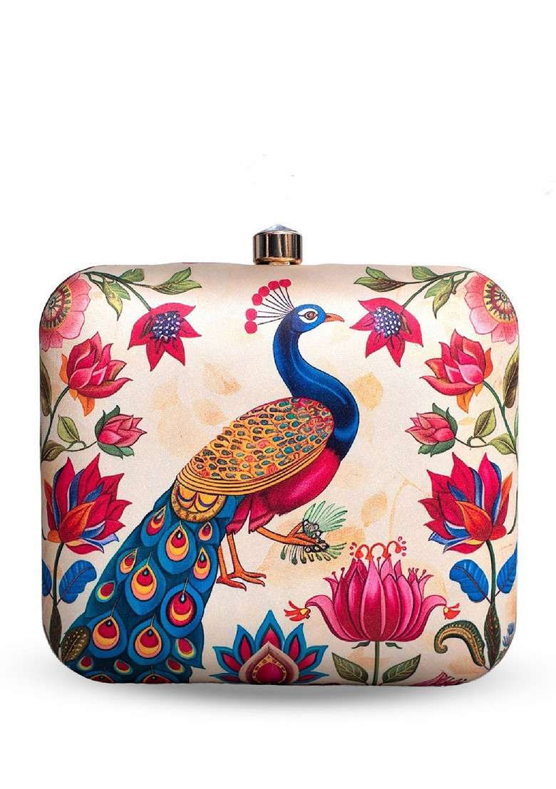Beige Fabric Printed Box Clutch - Indya