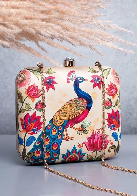 Beige Fabric Printed Box Clutch