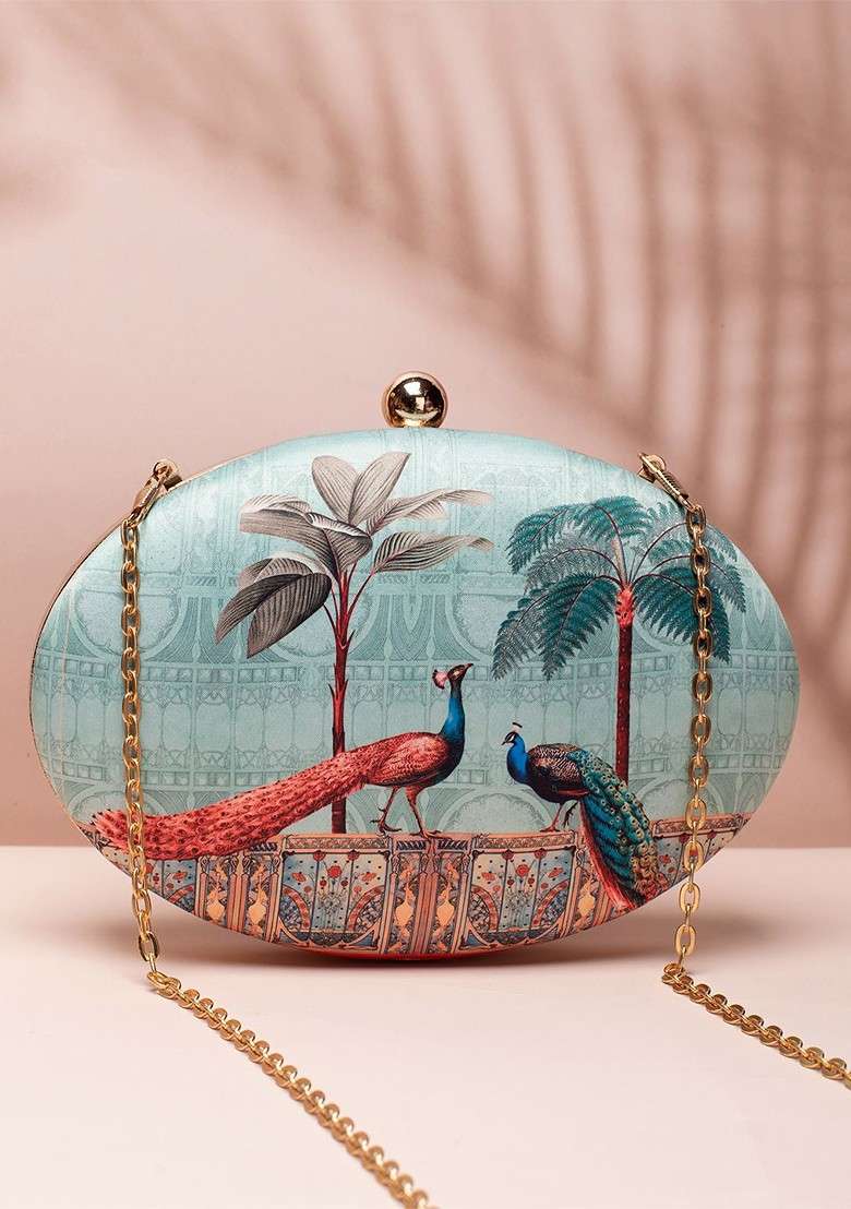 Fabric Sea Green And Gold Toned Printed Box Clutch - Indya