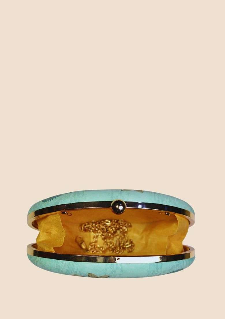 Fabric Sea Green And Gold Toned Printed Box Clutch - Indya