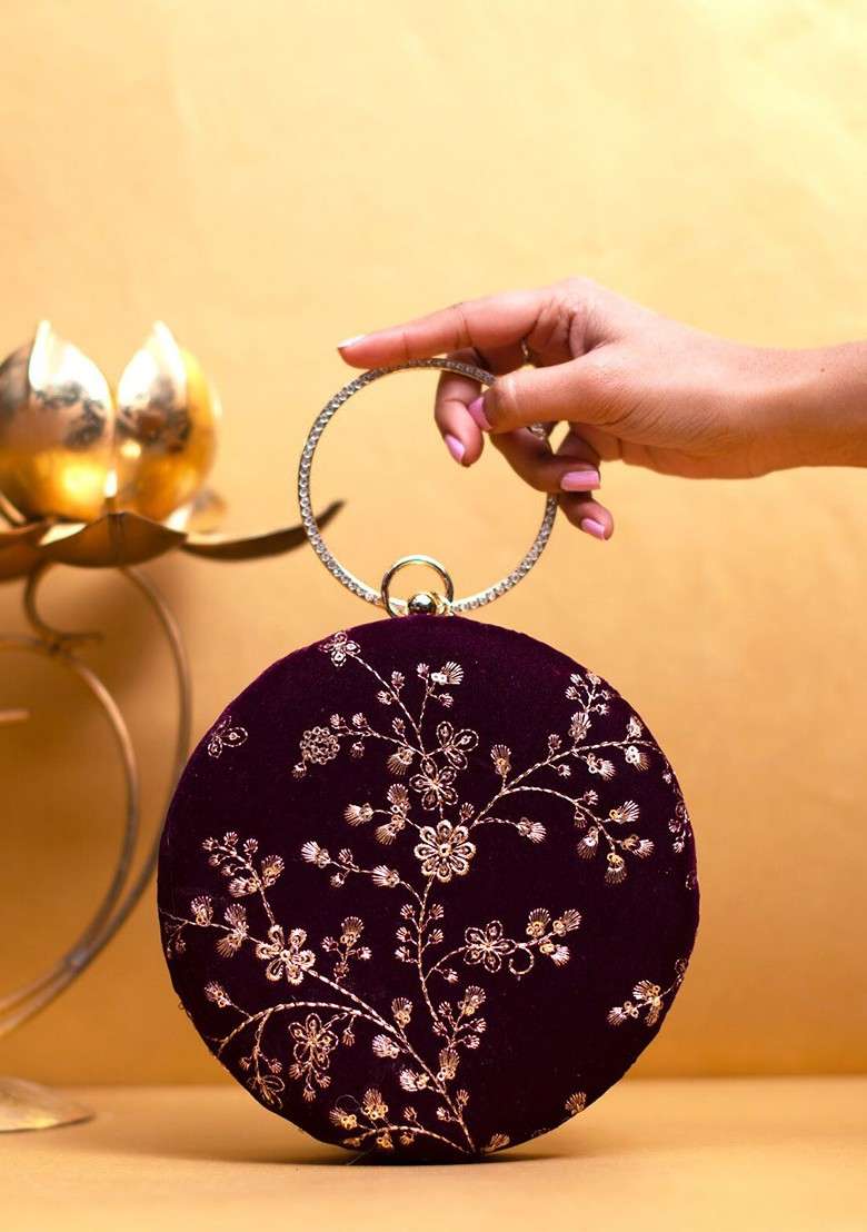 Purple Satin Embroidered Box Clutch - Indya