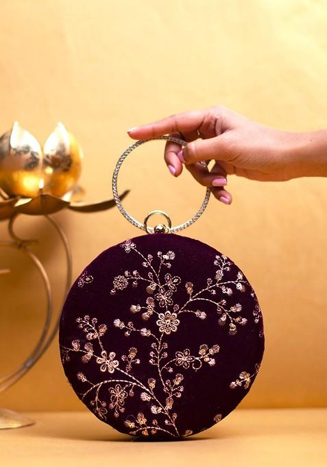 Purple Satin Embroidered Box Clutch