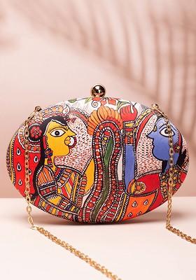 Fabric Red And Blue Printed Box Clutch