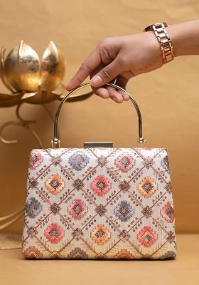 White Satin Embroidered Box Clutch