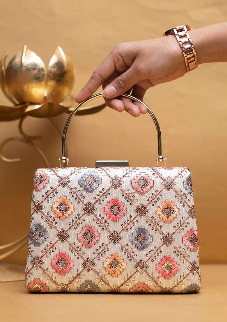 White Satin Embroidered Box Clutch - Indya