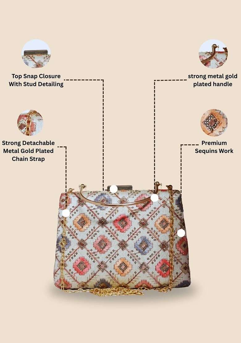 White Satin Embroidered Box Clutch - Indya