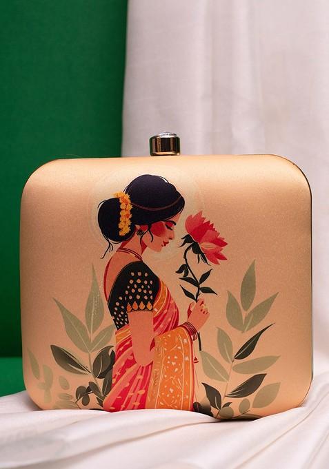 Beige Fabric Based Indian In Saree Printed Box Clutch