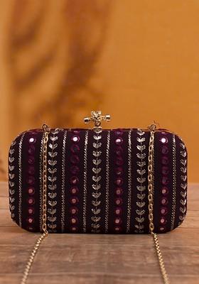 Maroon Satin Women Threadwork Embroidered Purse Clutch