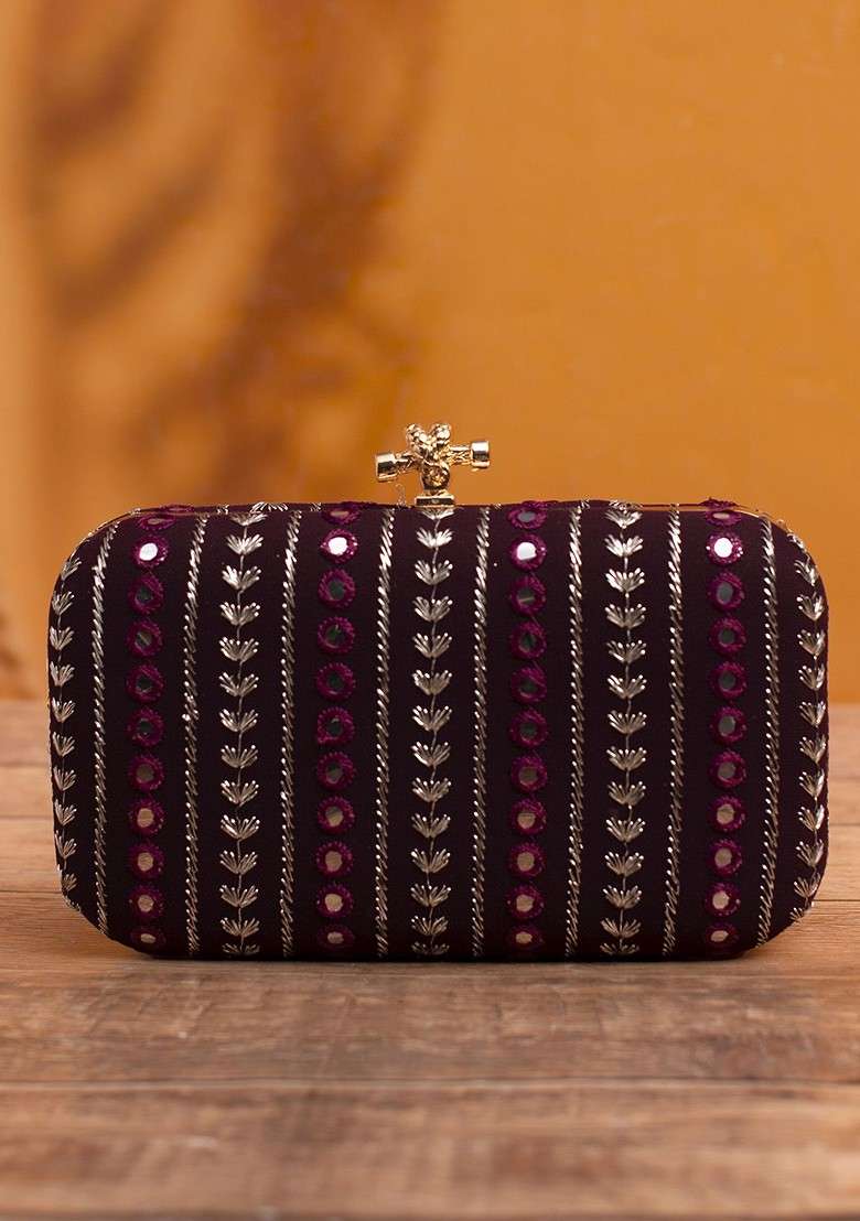 Maroon Satin Women Threadwork Embroidered Purse Clutch - Indya