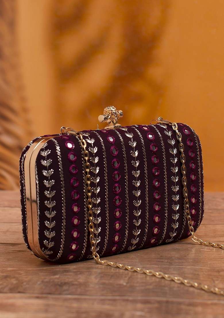 Maroon Satin Women Threadwork Embroidered Purse Clutch - Indya