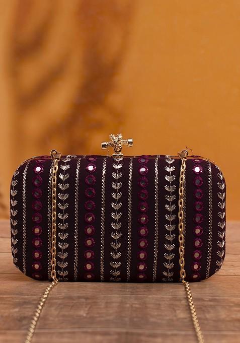 Maroon Satin Women Threadwork Embroidered Purse Clutch