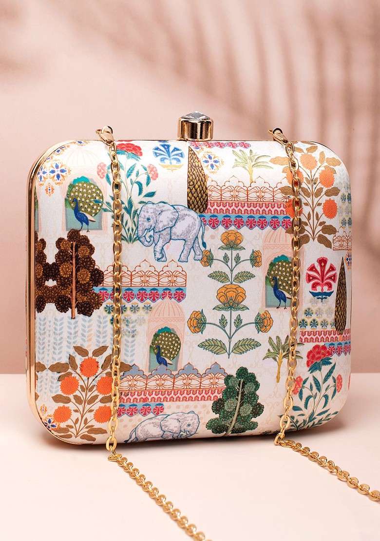 Cream Fabric Graphic Printed Box Clutch - Indya