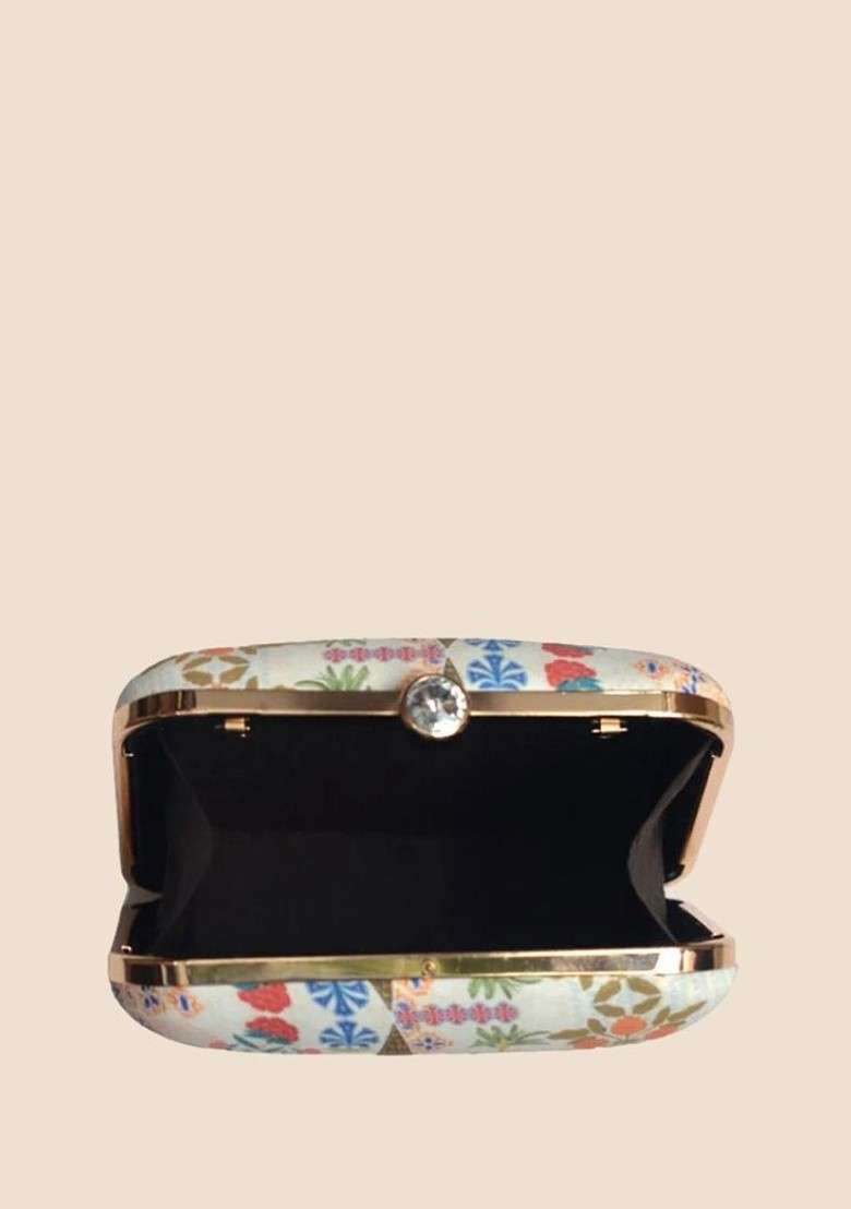 Cream Fabric Graphic Printed Box Clutch - Indya