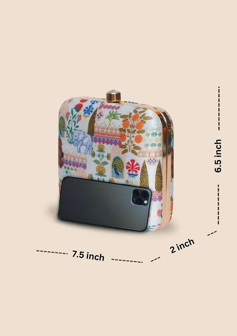 Cream Fabric Graphic Printed Box Clutch - Indya