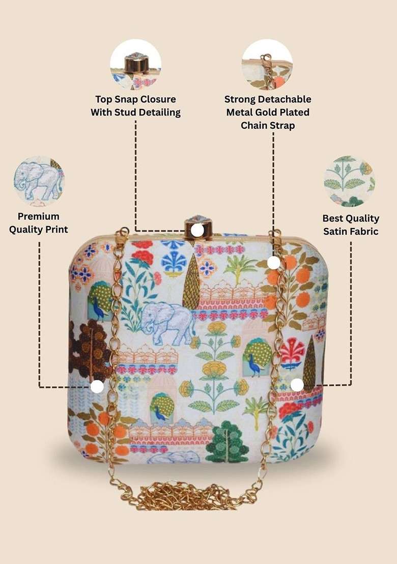 Cream Fabric Graphic Printed Box Clutch - Indya