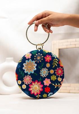 Blue Satin Embroidered Box Clutch