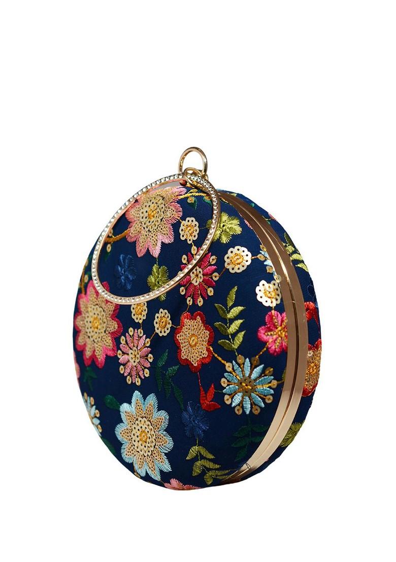 Blue Satin Embroidered Box Clutch - Indya