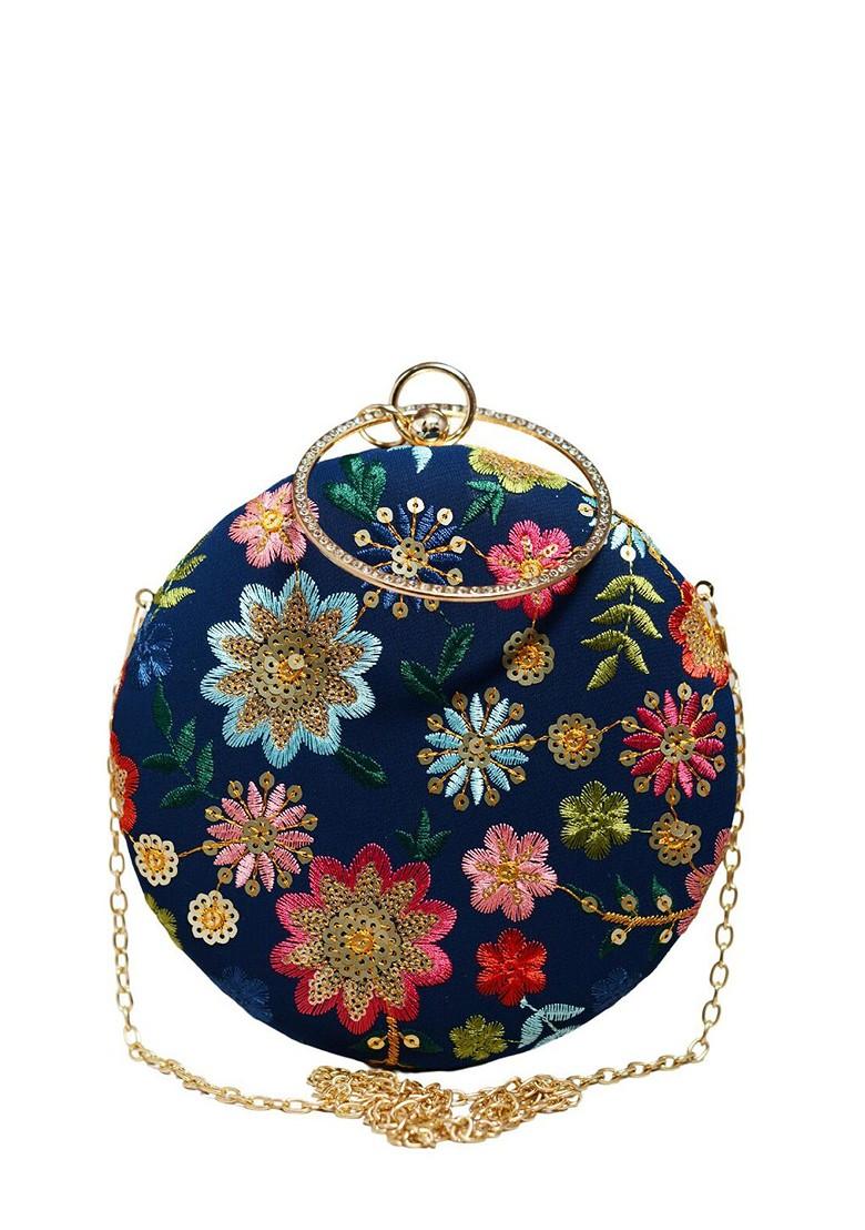 Blue Satin Embroidered Box Clutch - Indya