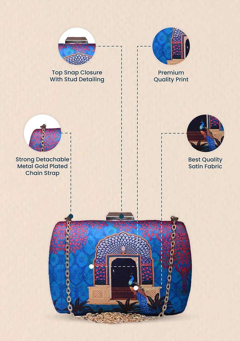 Blue Fabric Peacock Printed Box Clutch With Shoulder Strap - Indya