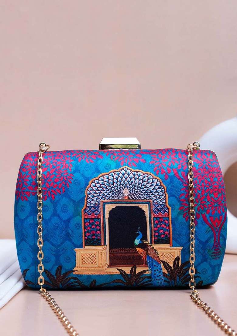 Blue Fabric Peacock Printed Box Clutch With Shoulder Strap - Indya