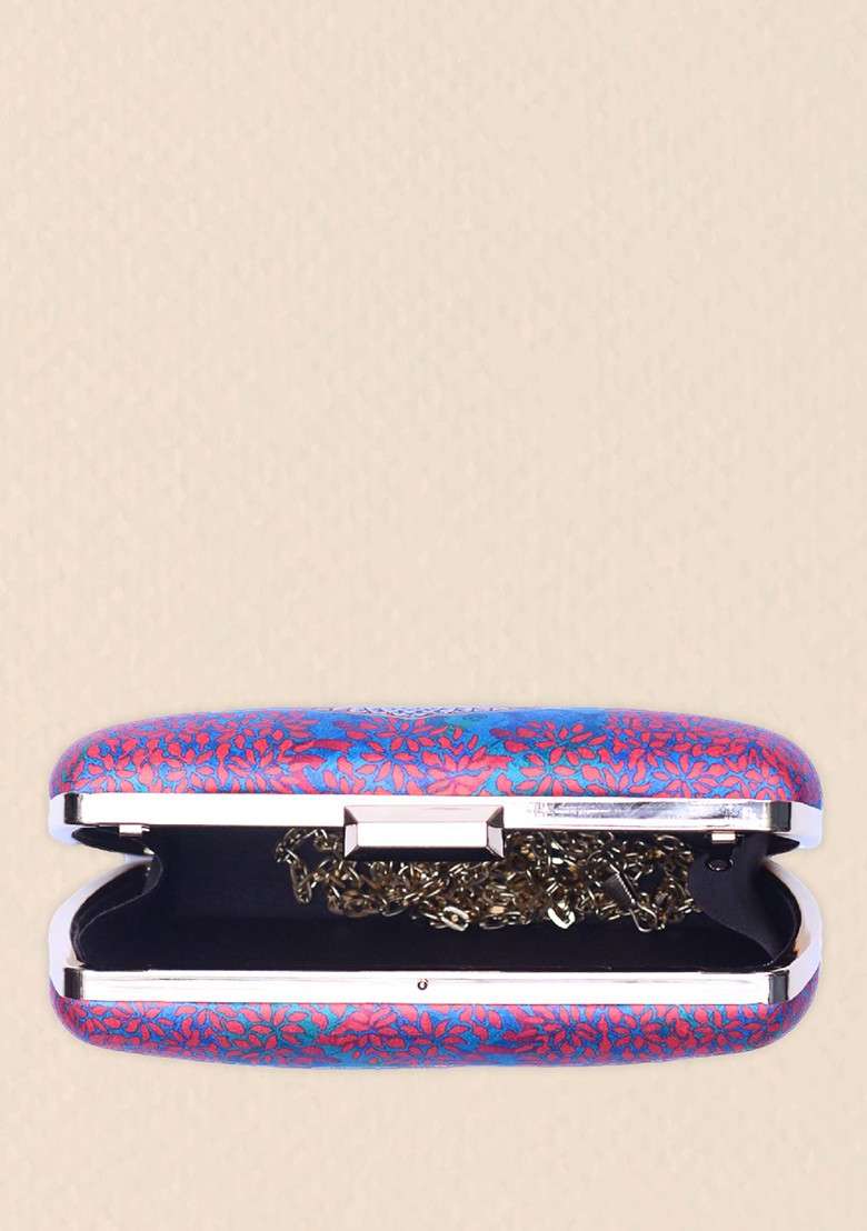 Blue Fabric Peacock Printed Box Clutch With Shoulder Strap - Indya