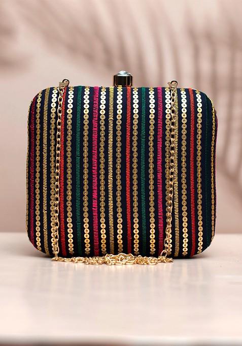 Green Satin Embroidered Box Clutch