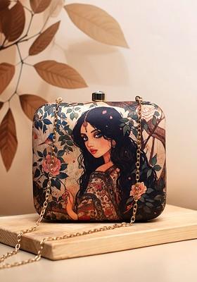Beige Fabric Princess Printed Box Clutch