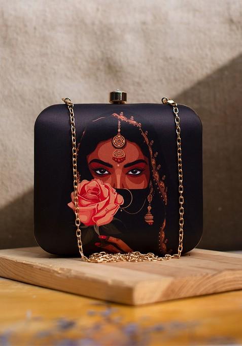 Black Fabric Printed Box Clutch