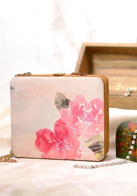 Fabric Cream Coloured And Pink Printed Box Clutch