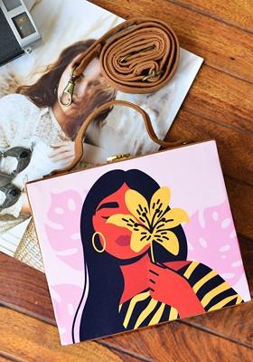Fabric Pink And Brown Printed Box Clutch